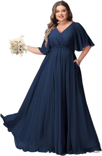 Plus Size Bridesmaid Dresses with Pockets Short Sleeve Pleated Formal Dress for Women YMS376