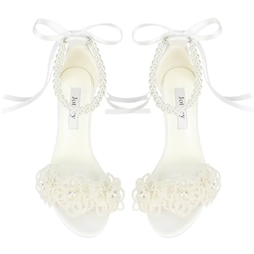 Pearl Wedding Heels Block Heel Wedding Shoes for Bride Open Toe Bridal Shoes Chunky Heeled Sandals
