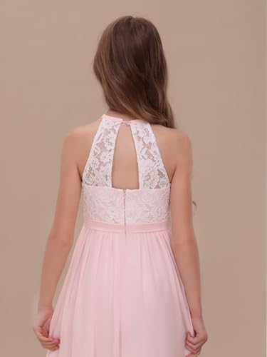 Chiffon Junior Bridesmaid Dress for Wedding Lace Applique Halter Sleeveless A-Line Long Formal Flower Girl Dress