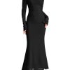 Women's Fall Wedding Guest Dresses Long Sleeve Spaghetti Strap Mesh Ruched Bodycon Maxi Formal Dress