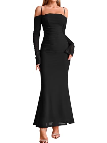Women's Fall Wedding Guest Dresses Long Sleeve Spaghetti Strap Mesh Ruched Bodycon Maxi Formal Dress
