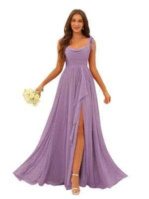 Pleated Chiffon Bridesmaid Dresses with Slit Scoop Neck Formal Evening Gowns Hi002