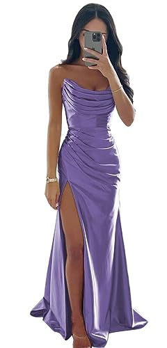 Satin Bridesmaid Dresses Strapless Prom Dresses Long Pleated Mermaid Formal Party Dress with Slit UU29