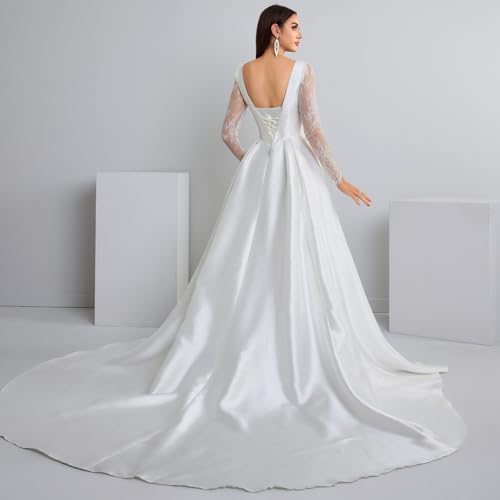 V-Neck A-Line Wedding Dress with Long Lace Sleeves Bodice & Chiffon/Satin Elegant Boho Bridal Gown for Church Ceremony