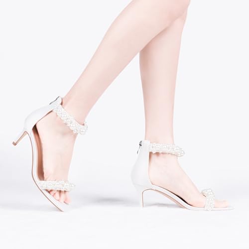 Women's Pearl Low Kitten Heel Ankle Strap Heeled Sandals Open Toe Wedding Bride Dress Shoes