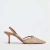 Women's Mesh Floral Embroidered Slingback Heels with Pearl Studded Pointed Toe Lace Heeled Sandals Backless Slip On Kitten Heel