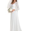Women’s Fall Long Sleeve Lace V Neck Wedding Dress with Train Bridal Gown 01925-PH