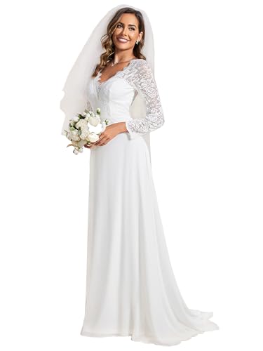 Women’s Fall Long Sleeve Lace V Neck Wedding Dress with Train Bridal Gown 01925-PH