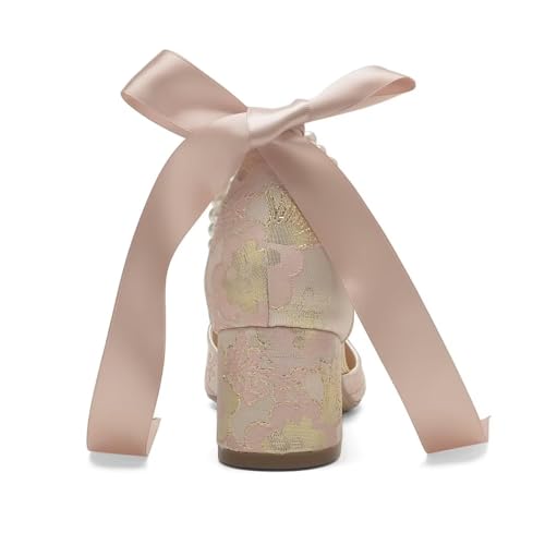 Floral Satin Wedding Shoes for Bride Block Heel Pointed Toe Pearl Bridal Shoes Wedding Heels