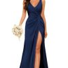 Women's V Neck Bridesmaid Dresses Sleeveless Satin Pleated Formal Dress with Slit 2025 LN11