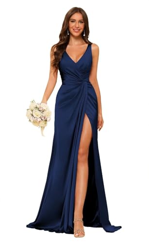 Women's V Neck Bridesmaid Dresses Sleeveless Satin Pleated Formal Dress with Slit 2025 LN11