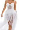 Tulle Prom Dresses for Women, Glitter Lace A Line High-Low Ruffled,Corset Party White Tulle Gown with Slit