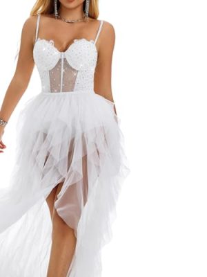 Tulle Prom Dresses for Women, Glitter Lace A Line High-Low Ruffled,Corset Party White Tulle Gown with Slit