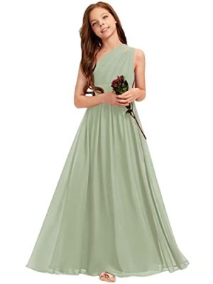 A-line One Shoulder Floor-Length Chiffon Junior Bridesmaid Dress for Wedding Teen Girls Party Gowns