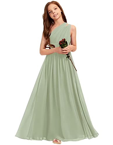 A-line One Shoulder Floor-Length Chiffon Junior Bridesmaid Dress for Wedding Teen Girls Party Gowns