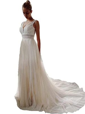 Wedding Dresses for Bride Illusory Lace Bohemia V Neck Layers Tulle A Line Beachy Wedding Gowns…