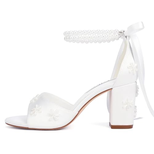 Pearl Heels Wedding Shoes for Bride Block Heel Bridal Shoes Wedding Heeled Sandals