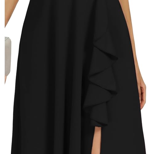 Women's Black Long Formal Dresses Cocktail Wedding Guest Dress Ruffle Split Elegant V Neck Party Gowns