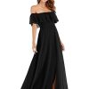 Women's Elegant Off The Shoulder Side Split High Waist Flowy Chiffon Maxi Bridesmaid Dress 00968