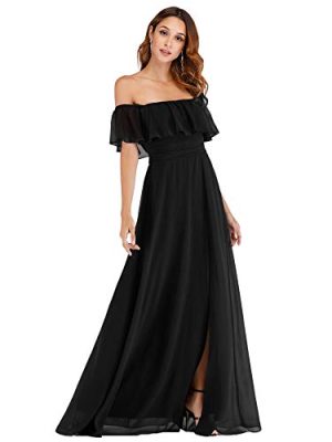Women's Elegant Off The Shoulder Side Split High Waist Flowy Chiffon Maxi Bridesmaid Dress 00968
