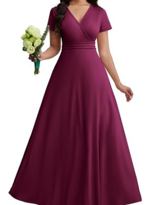 Maxi Dress for Women Long Formal Short Sleeve A Line V Neck Dresses Wedding Guest High Waist Elegant