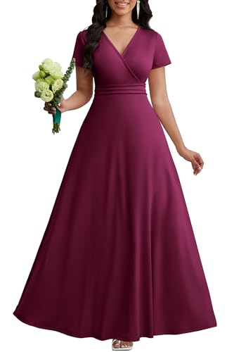 Maxi Dress for Women Long Formal Short Sleeve A Line V Neck Dresses Wedding Guest High Waist Elegant