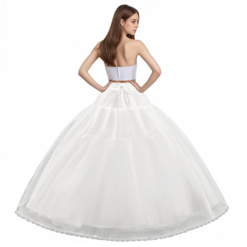 Women's 8 Layer Tulle Hoopless Petticoat Skirt with Lace Trim A-Line Long Crinoline Underskirt Slip for Bridal Ball Gown Wedding