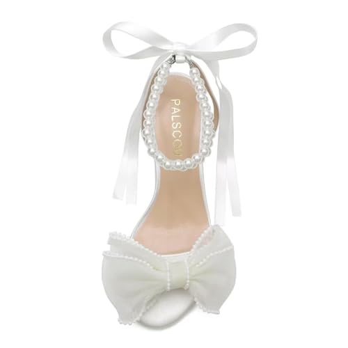 Bow Knot Heeled Sandals Wedding Shoes for Bride Block Heel Wedding Sandals Pearl Heels Bridal Shoes