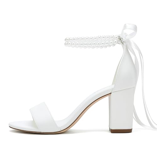 Women's Open Toe Block Heel Pearl Wedding Shoes for Bride Chunky Heeled Sandals Bridal Shoes Pumps