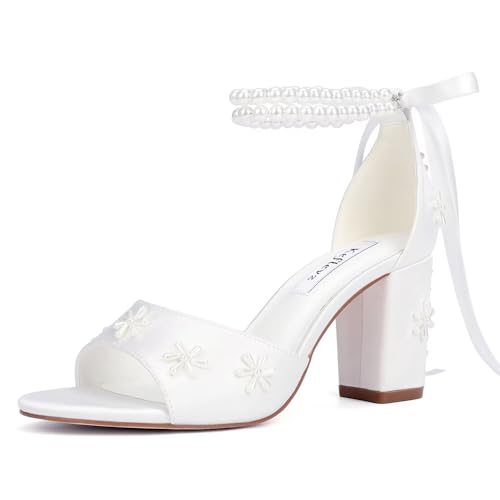 Pearl Heels Wedding Shoes for Bride Block Heel Bridal Shoes Wedding Heeled Sandals
