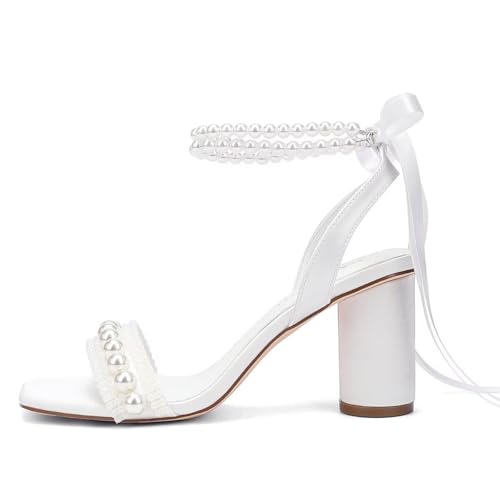 Block Heel Wedding Sandals Pearl Heels Wedding Shoes for Bride Open Toe Bridal Shoes