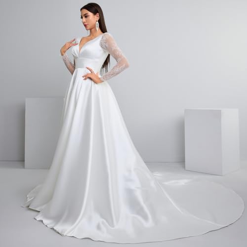 V-Neck A-Line Wedding Dress with Long Lace Sleeves Bodice & Chiffon/Satin Elegant Boho Bridal Gown for Church Ceremony