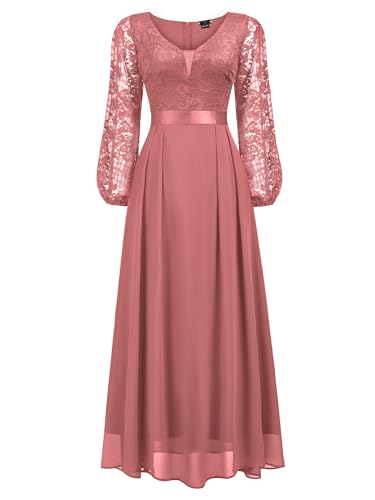 Women's Wedding Guest A-Line Dress Floral Lace Deep V Neck Long Sleeve Formal Evening Gown