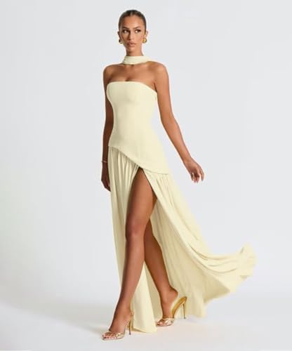 Women Strapless Patchwork Maxi Dress Sexy High Slit Tube Top Party Club with Scarf Long Prom Wedding Guest Dresses