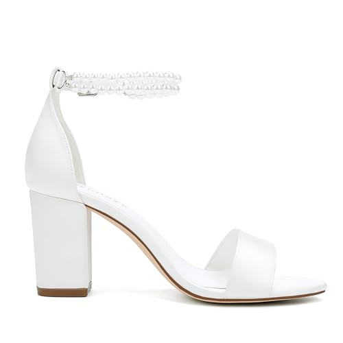 Pearl Wedding Shoes for Bride Satin Block Heels Open Toe Chunky Bridal Shoes Sandals