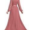 Women's Wedding Guest A-Line Dress Floral Lace Deep V Neck Long Sleeve Formal Evening Gown