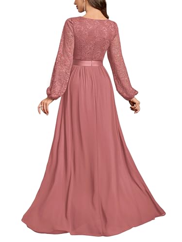 Women's Wedding Guest A-Line Dress Floral Lace Deep V Neck Long Sleeve Formal Evening Gown
