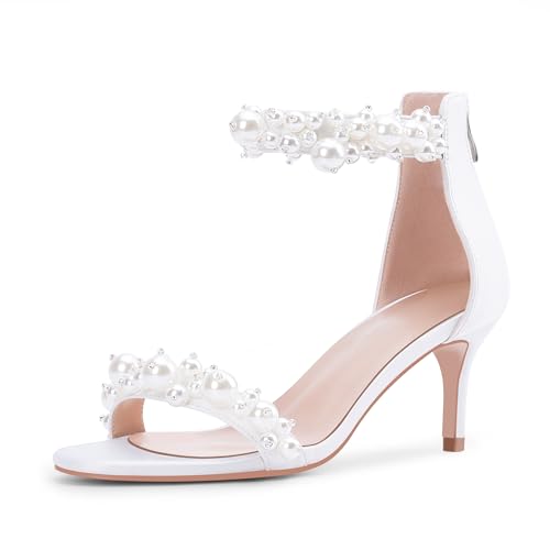 Women's Pearl Low Kitten Heel Ankle Strap Heeled Sandals Open Toe Wedding Bride Dress Shoes