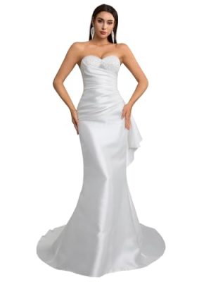 Off Shoulder Satin Wedding Dress Sleeveless – Lightweight Engagement Bridal Gown with Train for Summer Wedding