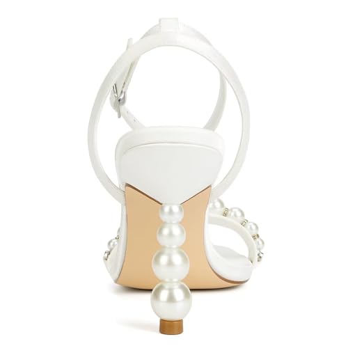 Women’s Heeled Sandals Pearl Wedding Shoes for Bride Open Toe Bridal Shoes Strappy Wedding Heels