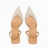 Pearl Kitten Heels for Women Pointed Toe Mesh Rhinestone Heeled Sandals Clear PVC Stiletto Mid Heel for Wedding Party Dress