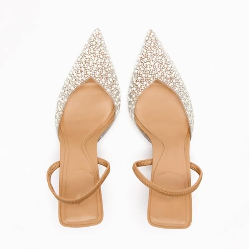 Pearl Kitten Heels for Women Pointed Toe Mesh Rhinestone Heeled Sandals Clear PVC Stiletto Mid Heel for Wedding Party Dress