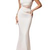 Lace Long Formal Wedding Guest Dress Cut Out Boat Neck Sleeveless Ruched Bodycon Maxi Dresses for Women