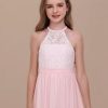 Chiffon Junior Bridesmaid Dress for Wedding Lace Applique Halter Sleeveless A-Line Long Formal Flower Girl Dress