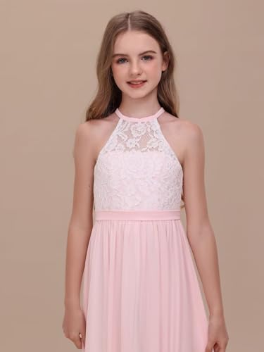 Chiffon Junior Bridesmaid Dress for Wedding Lace Applique Halter Sleeveless A-Line Long Formal Flower Girl Dress