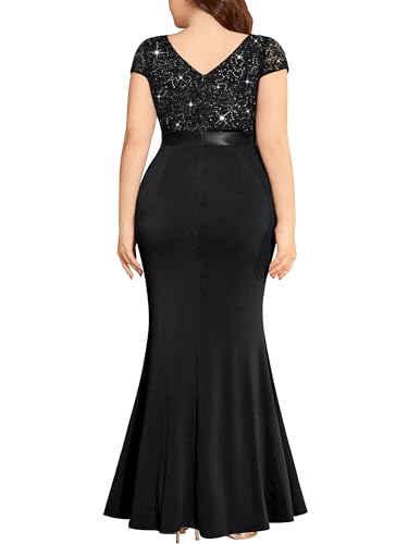 Women's Plus Size Double V Neck Sequin Lace Contrast Ruched Bodycon Mermaid Hem Formal Maxi Dress