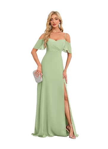 Off The Shoulder Bridesmaid Dresses for Women Split Long Chiffon Formal Evening Dresses HGR93