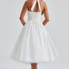 Women Summer Halter Dress Low Cut Sleeveless A Line Tulle Swing Flowy Tea Length Dress Corset Prom Formal Ball Gowns
