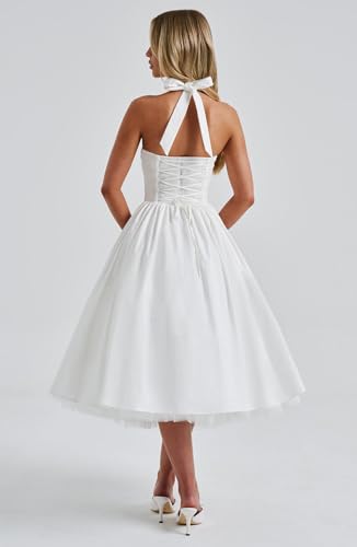Women Summer Halter Dress Low Cut Sleeveless A Line Tulle Swing Flowy Tea Length Dress Corset Prom Formal Ball Gowns