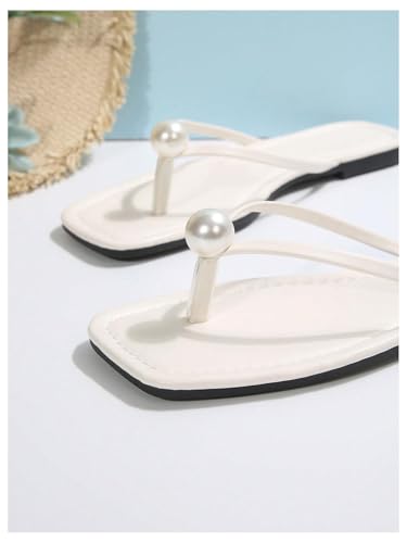 Women's Pearl Flip Flops Square Open Toe Thong Slide Dressy 2025 Wedding Dress Flat Sandals